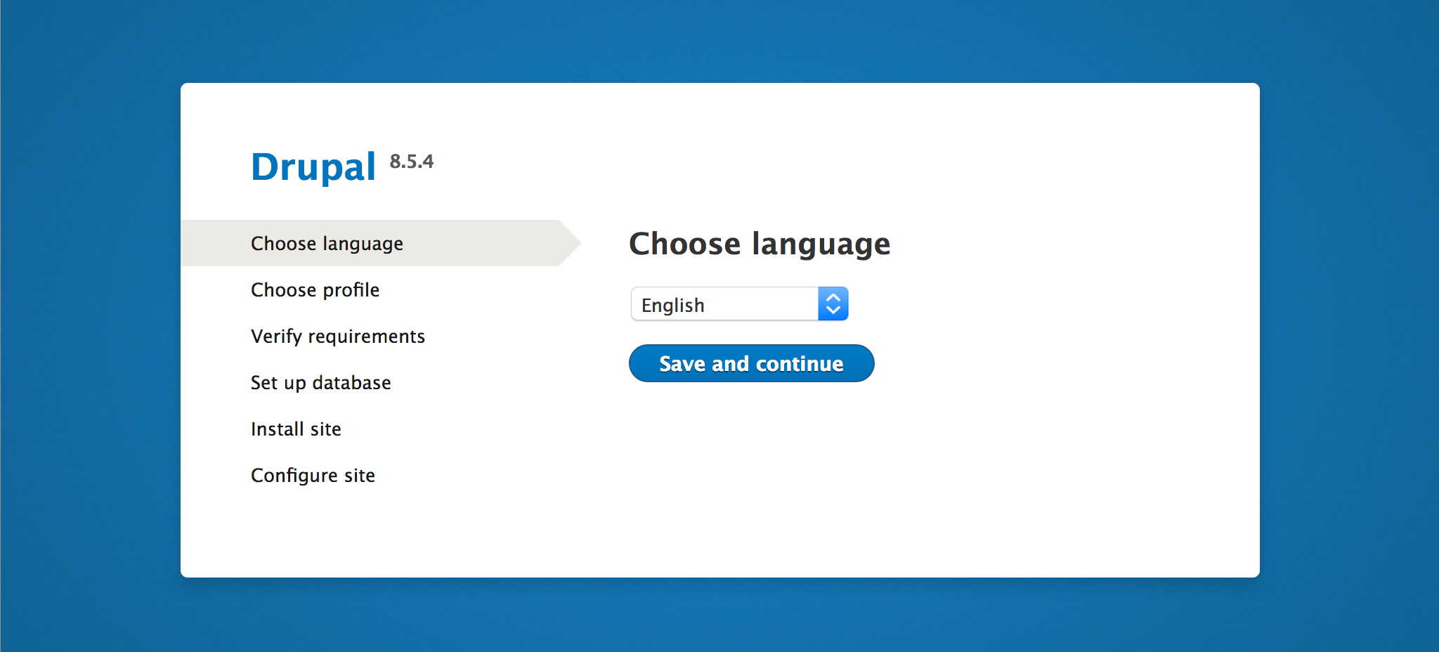 Drupal setup screen in the web browser - ‘Choose language’ page