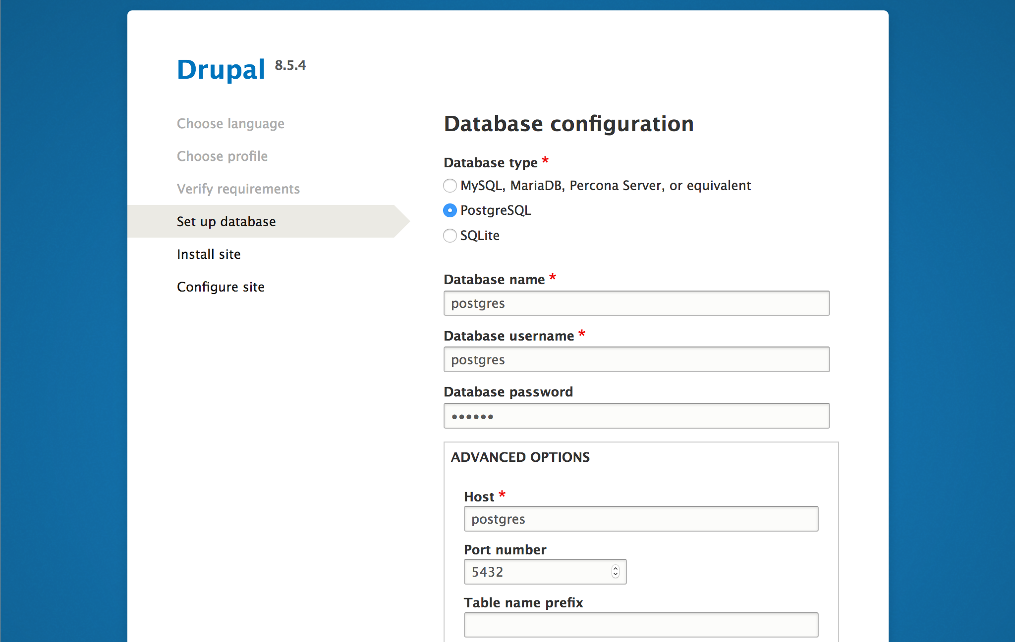 Drupal setup screen in the web browser - ‘Set up database’ page