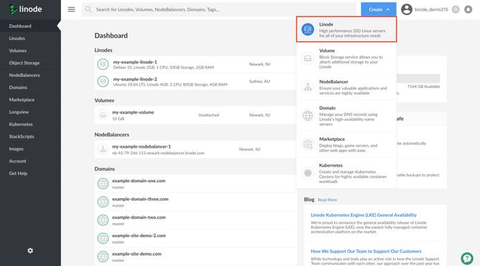 Select Linode from the Create menu. Select Linode from the Create menu.