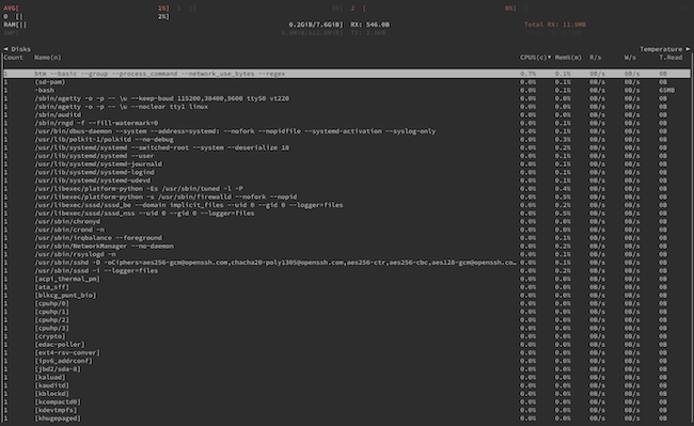 bottom in basic display mode, with processes grouped and displaying full commands and network usage in bytes