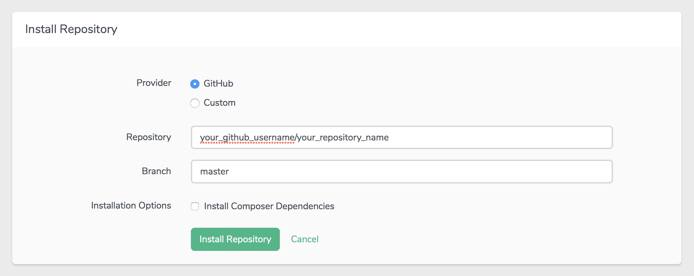 The form for adding a Git repository to your site Git Repository Form