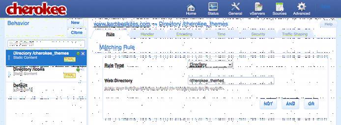 Deleting rules on the Rule tab of the vServers page of the Cherokee admin panel on Fedora 13.