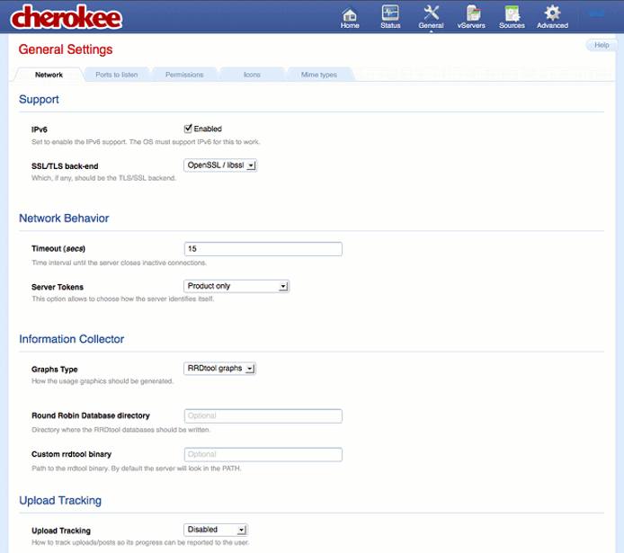 Network tab on the general page of the Cherokee admin panel on Fedora 13.