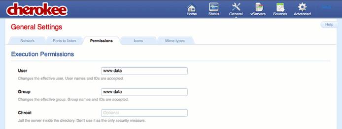 Permissions tab on the general page of the Cherokee admin panel on Fedora 13.