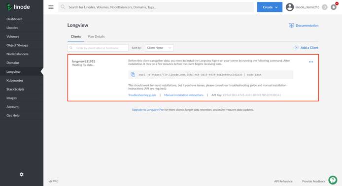Linode Cloud Manager Longview Clients list